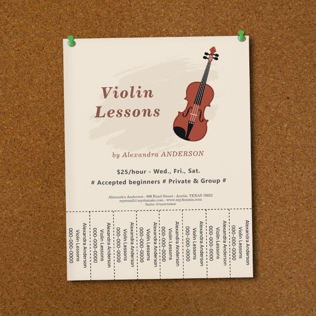 Geigenunterrichts Flyer mit Abreißstreifen (Violin Lessons Tear Off Strips Flyer)