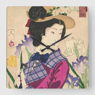 Geisha and Irises Japanese Woodblock Art Ukiyo-e Quadratische Wanduhr