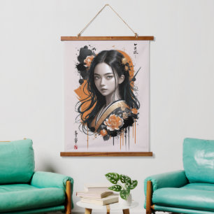 Geisha-Blütenrauschen: Asiatische Goldene Blütenbl Wandteppich Mit Holzrahmen