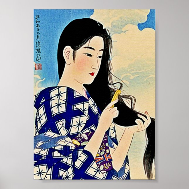 Geisha Combing Hair Japanischer Holzblock Ukiyo-E  Poster (Vorne)