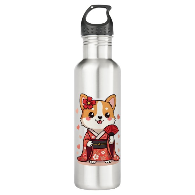 Geisha Corgi Dog Lover Welsh Edelstahlflasche (Vorderseite)