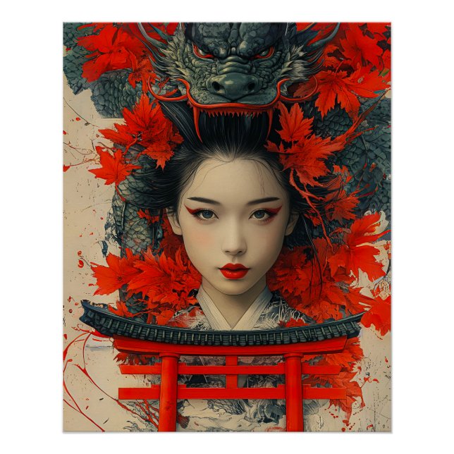 Geisha & Dragon - Japanische Kunst Poster (Vorderseite)