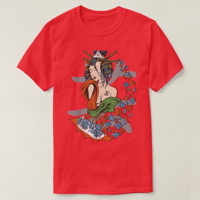 Geisha Girl Katana Schwert und Tattoo des Drachen  T-Shirt (Design vorne)