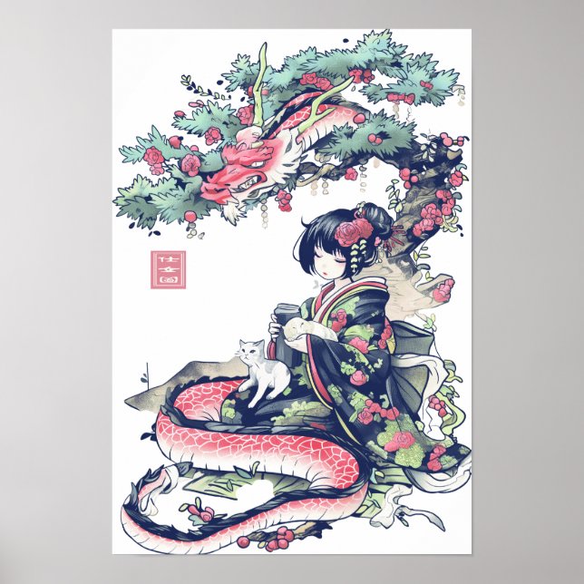 Geisha Girl mit Dragon und Katzen 37006 Poster (Vorne)