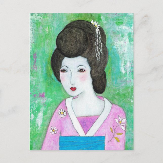 Geisha Girl Mixed Media Abstrakte Malerei Postkarte (Vorderseite)