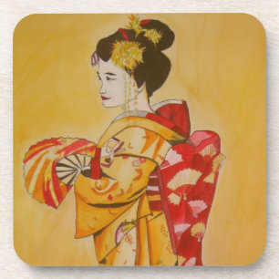 Geisha gold kimono originale Aquarellkunst Getränkeuntersetzer
