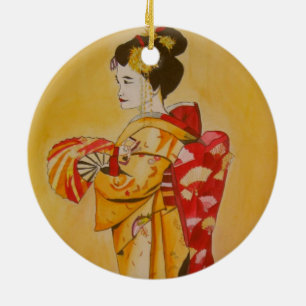 Geisha gold kimono originale Aquarellkunst Keramikornament