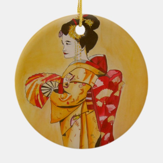 Geisha gold kimono originale Aquarellkunst Keramikornament (Hinten)