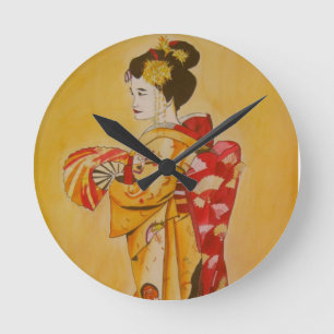Geisha gold kimono originale Aquarellkunst Runde Wanduhr
