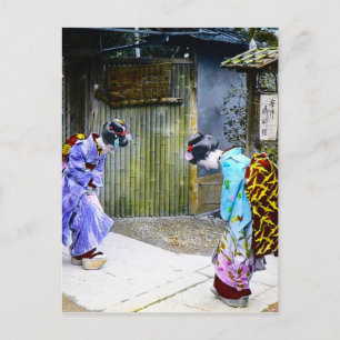 Geisha-Grüße am Tor Vintage Alt-Japan Postkarte