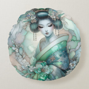 Geisha in Green Design Serie #1 Rundes Kissen