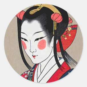 Geisha in rotem blauem Kimono Ukyio-e japanische Runder Aufkleber