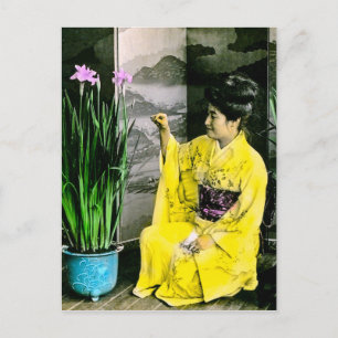 Geisha in Yellow Kimono Blume Vintag Postkarte