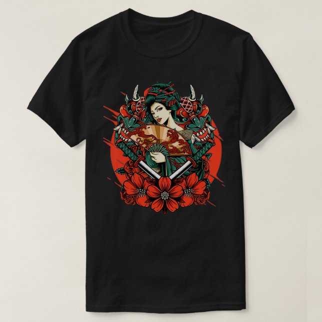 Geisha Japanese Oni Mask Yokai Samurai Katana Swor T-Shirt (Design vorne)