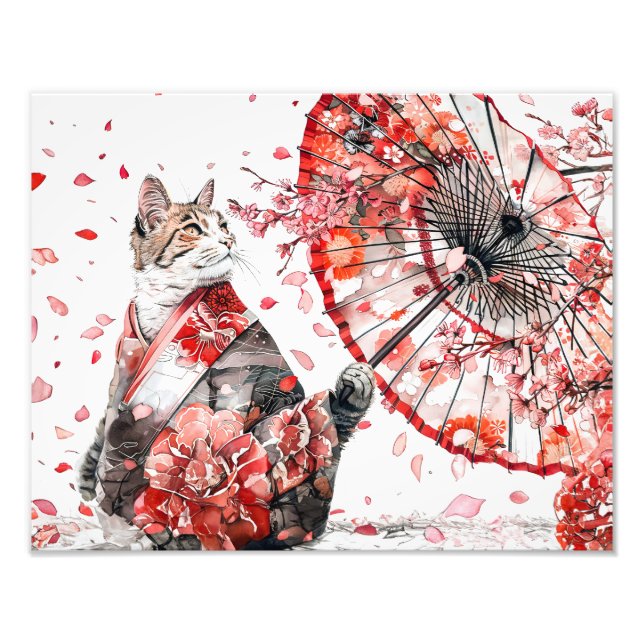 Geisha Katze in einem detaillierten Kimono sitzt a Fotodruck (Vorne)