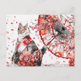 Geisha Katze in einem detaillierten Kimono sitzt a Postkarte