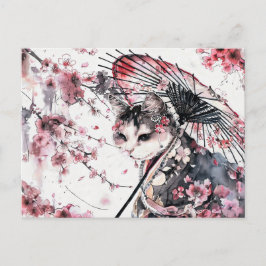 Geisha Katze mit Parasol und Kirschblüten in Chi Postkarte