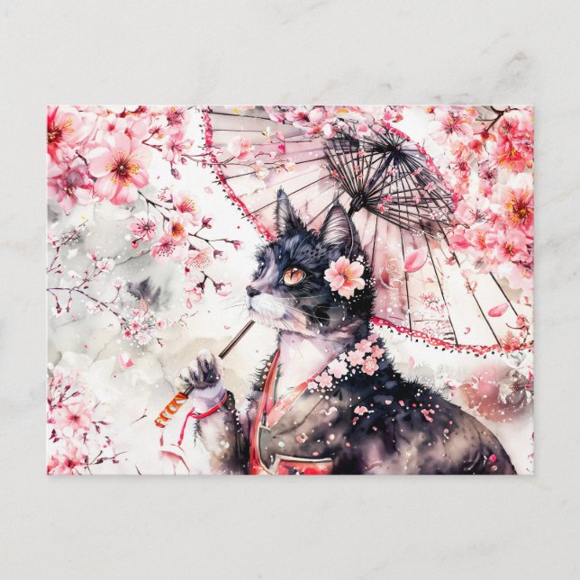 Geisha Katze mit Parasol und Kirschblüten Postkarte (Vorderseite)