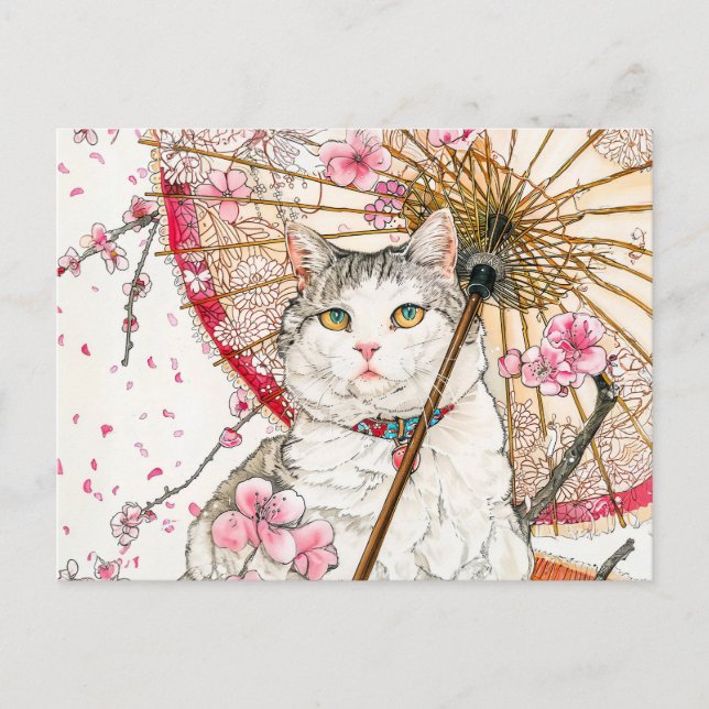 Geisha Katze mit Parasol und Kirschblüten Postkarte (Vorderseite)