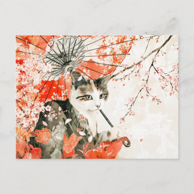 Geisha Katze mit Parasol und Kirschblüten Postkarte (Vorderseite)