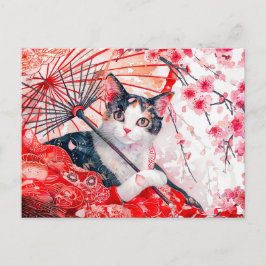 Geisha Katze mit Schirm in chinesischer Tinte Postkarte