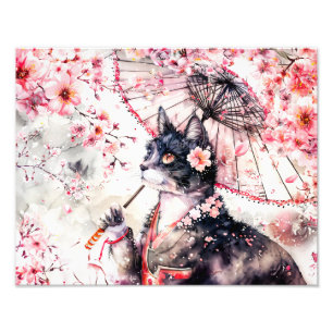 Geisha-Katze mit Sonnenschirm und Kirschblüten Fotodruck