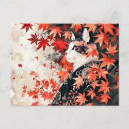 Geisha-Katze unter den Blätter Roter Ahorn Postkarte