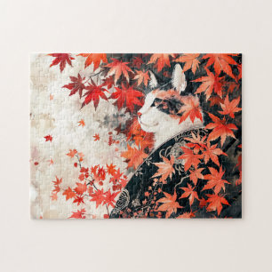 Geisha-Katze unter den Blätter Roter Ahorn Puzzle