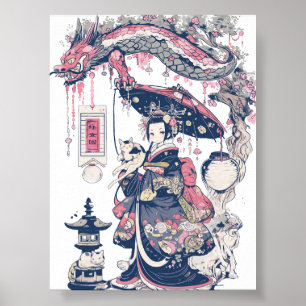 Geisha mit Dragon und Katzen 37007 Poster