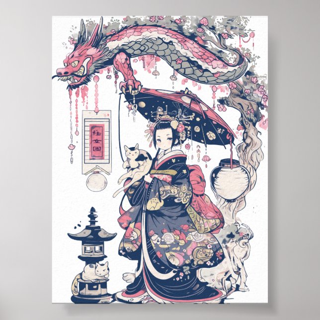 Geisha mit Dragon und Katzen 37007 Poster (Vorne)