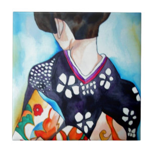 Geisha mit dunkelblauem Kimono-Originalbild Fliese