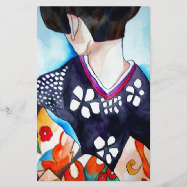 Geisha mit dunkelblauer Kimono-Originalkunst Briefpapier (Vorderseite)