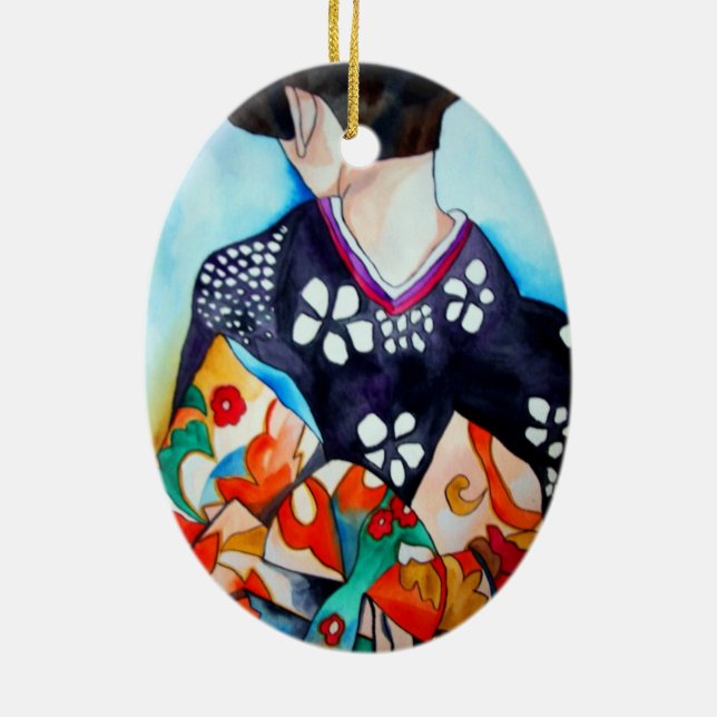 Geisha mit dunkelblauer Kimono-Originalkunst Keramikornament (Hinten)