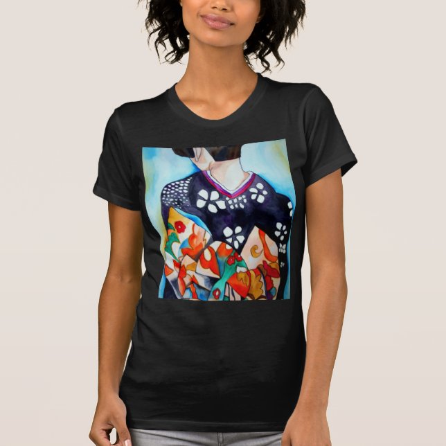 Geisha mit dunkelblauer Kimono-Originalkunst T-Shirt (Vorderseite)