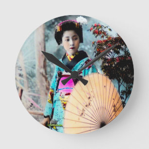 Geisha mit einem Wagasa-Papierparasol Vintage Japa Runde Wanduhr