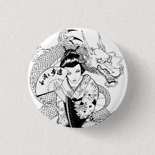 Geisha mit Fächer-Drache Button