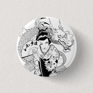 Geisha mit Fan-Drachen Button