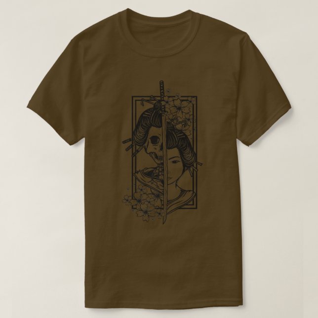 Geisha mit Katana und Sakura Kirschblüte samur T-Shirt (Design vorne)