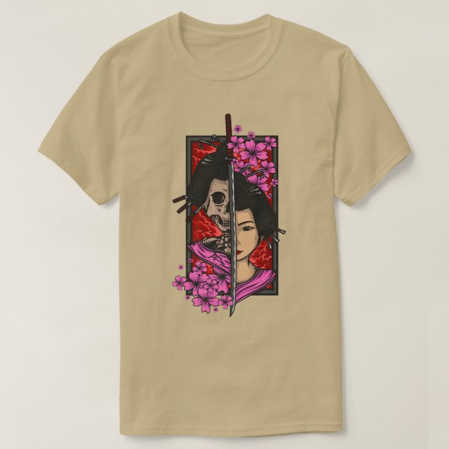 Geisha mit Katana und Sakura Kirschblüte samur T-Shirt (Design vorne)