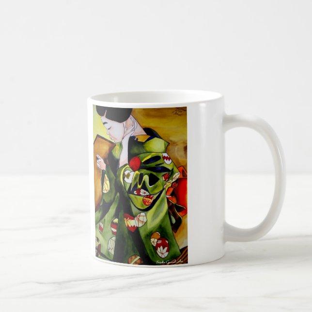Geisha mit olivgrüner Kimono-Tasse Kaffeetasse (Rechts)