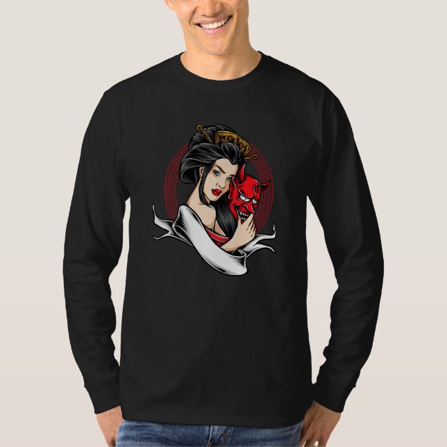 Geisha mit Oni Mask Devil Demon T-Shirt (Vorderseite)