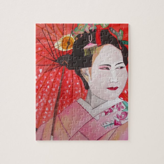 Geisha mit Rotem Umbrella Originalbild Puzzle (Vertikal)