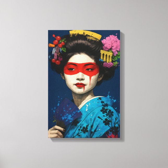 Geisha mit Roter Maske und modernem Kulturhaar Leinwanddruck (Vorderseite)