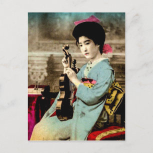 Geisha mit Violine Vintager japanischer Musiker Postkarte