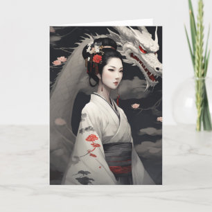Geisha mit weißem Drachen chinesisch im neuen Jahr Feiertagskarte