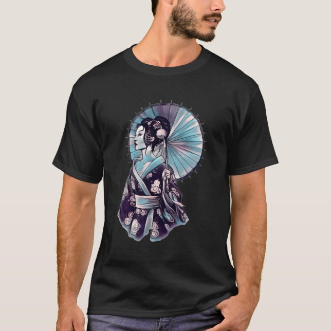 Geisha Parasol Hübsch Tattoo Samurai HandGezeichne T-Shirt (Vorderseite)
