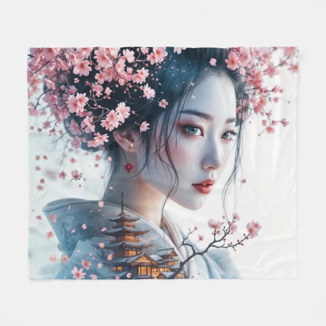  Geisha portrait, cherry blossoms, Japanese art, Fleecedecke (Vorderseite (Horizontal))