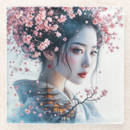 Geisha portrait, cherry blossoms, Japanese art, Glasuntersetzer