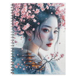 Geisha portrait, cherry blossoms, Japanese art, Notizblock