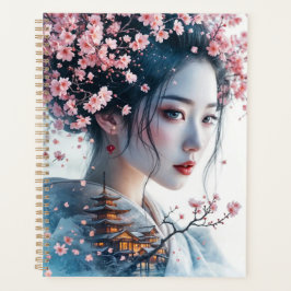Geisha portrait, cherry blossoms, Japanese art, Planer